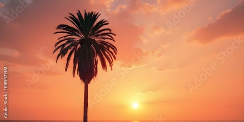A palm tree silhouetted against an orange and pink sunset sky