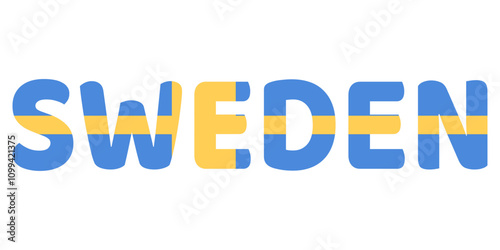 The country name SWEDEN is displayed in large, bold letters. Each letter is filled with the colors and symbols of the Swedish flag.