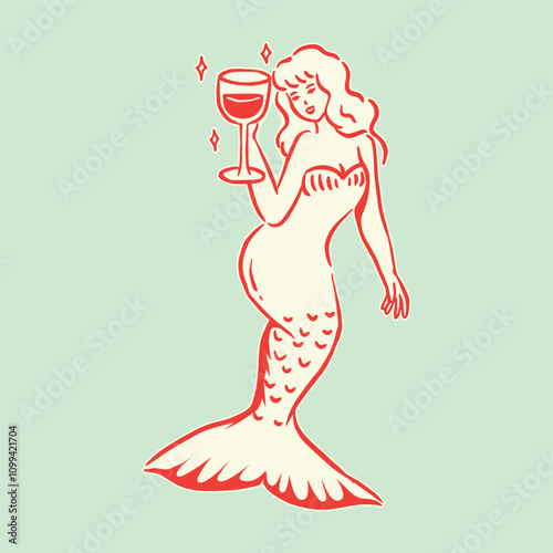 A mermaid holding a wine glass in a retro-inspired style, combining fantasy and vintage elegance.