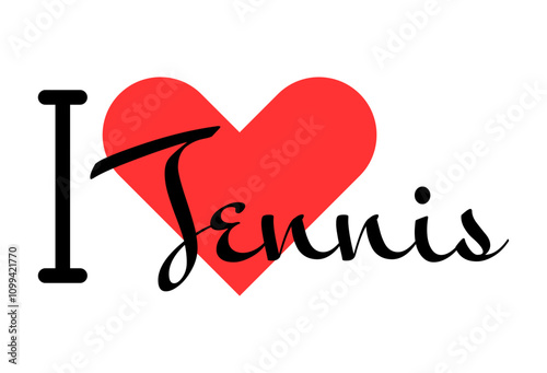 I love Tennis. Hand drawn letters with red heart. Sport vector illustration, lettering in modern design