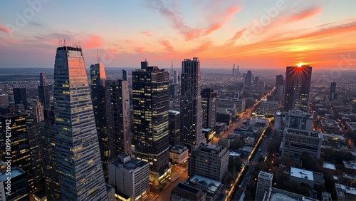 Generative AI, Modern Metropolis at Sunset with Reflective Skyscrapers