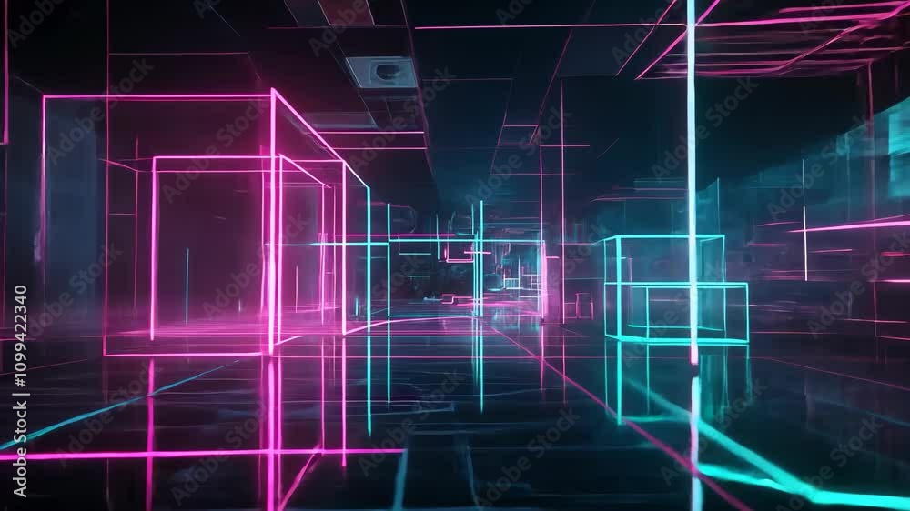 Video footage of Neon pink and blue wireframe cubes and lines create a futuristic, digital grid like environment, evoking a sense of virtual reality or a high tech digital landscape