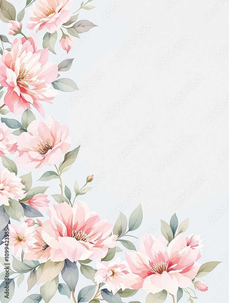 Fototapeta premium Delicate watercolor floral pattern with soft pink petals and greenery, set against a pale blue background , natural beauty, serene landscape, pastel flowers, gentle hues, soft colors.