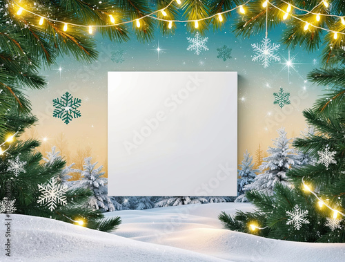 Pristine white mock up set againts a vibrant sowy winter on christmas season photo