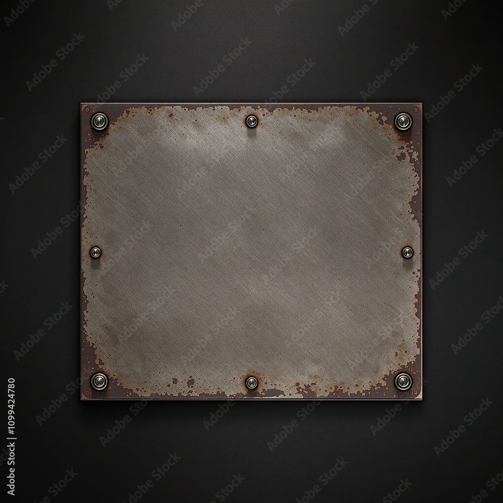 Obraz premium Metal plate on a dark brushed metallic background with visible scratches and wear marks, conveying a sense of age and history, weathered, machinery, technology