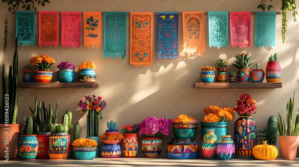 Naklejka premium Colorful pottery, plants, and papel picado banners on shelves.