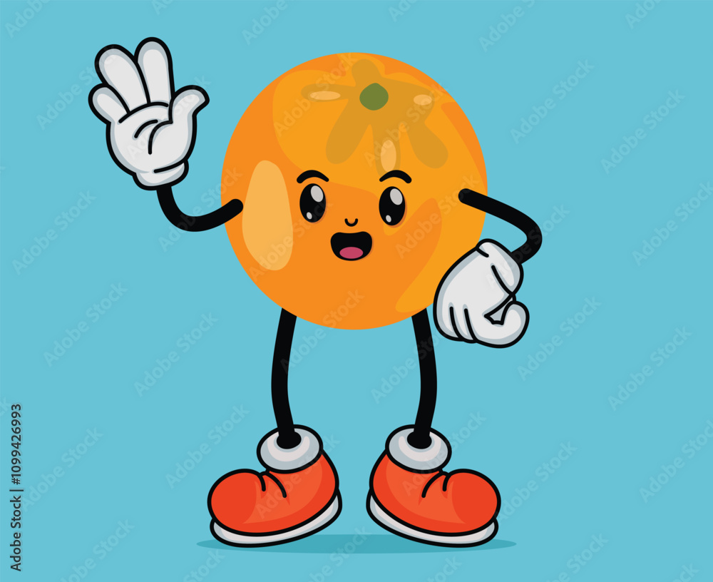 Fototapeta premium Orange Fruit Cartoon Mascot Waving Hand with Happy Expression in Flat Cute Cartoon Style or Orange Fruit Cartoon Mascot with Arms and Legs