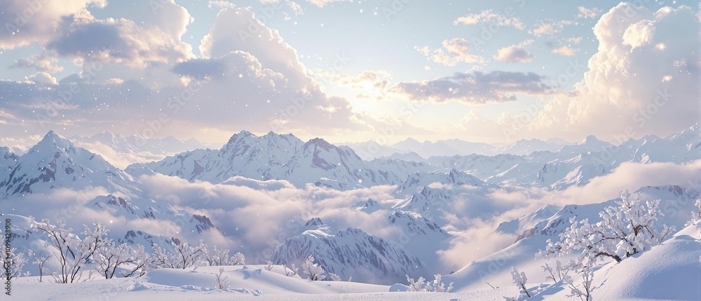 Obraz premium Panoramic view of a vast snowy meadow with empty space and frosty atmosphere, peaceful winter scene, calm atmosphere