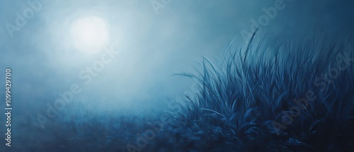 Serene blue landscape with grass and moonlight.