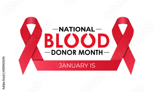 Vector graphic of National Blood Donor Month poster design illustration. Blood Bag, Dropper, red cells red Realistic Ribbon. Banner poster, flyer and background design template. Eps 10.