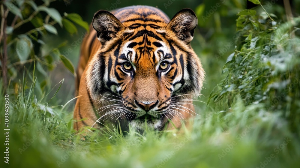 Obraz premium Focused Tiger in Dense Green Jungle Captured in a Natural Wildlife Setting