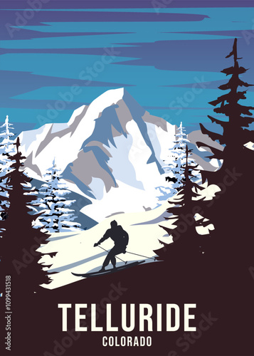 Vintage Travel poster Ski Telluride resort. America winter landscape travel card