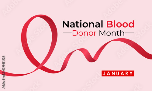 Vector graphic of National Blood Donor Month poster design illustration. Blood Bag, Dropper, red cells red Realistic Ribbon. Banner poster, flyer and background design template. Eps 10.