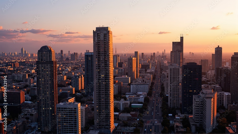 Obraz premium Generative AI, Modern Metropolis at Sunset with Reflective Skyscrapers