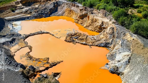 Unusual orange water body in abandoned quarry surrounded by greenery and rocky terrain