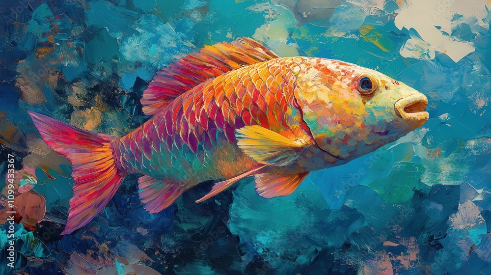 Fototapeta premium A vibrant and colorful fish swimming through a lush, artistic underwater scene, showcasing nature's beauty and creativity.