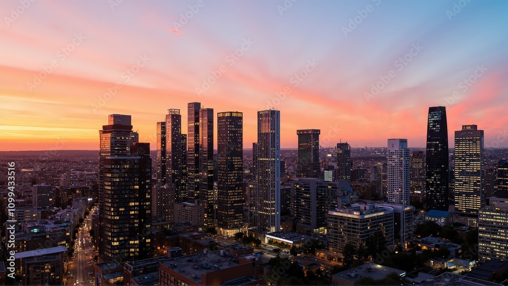 Obraz premium Generative AI, Modern Metropolis at Sunset with Reflective Skyscrapers