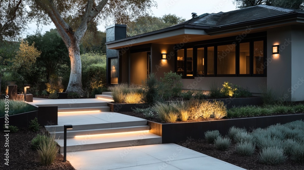 Obraz premium Modern house exterior with illuminated concrete steps leading to the entrance, surrounded by landscaped garden with trees and shrubs, evening lighting enhancing the ambiance.