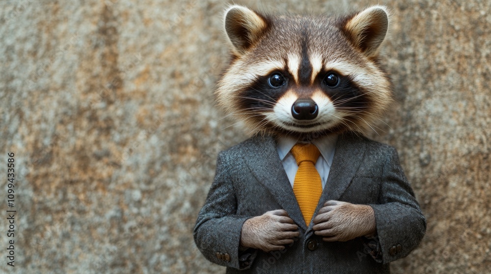 Obraz premium A raccoon is dressed in a suit and tie, with a big smile on its face. The outfit is quite formal, with the tie being the most noticeable accessory. The raccoon appears to be posing for a photo