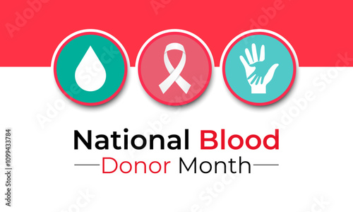 Vector graphic of National Blood Donor Month poster design illustration. Blood Bag, Dropper, red cells red Realistic Ribbon. Banner poster, flyer and background design template. Eps 10.