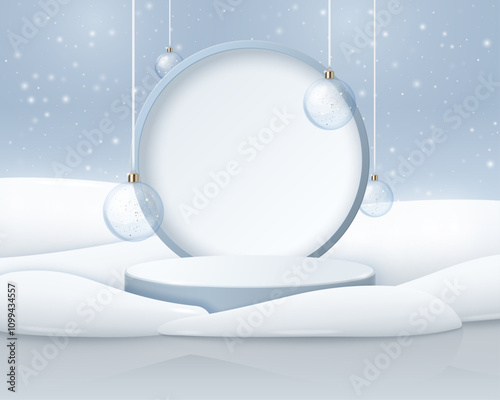 Winter Christmas background with cylindrical podium or pedestal for presentations. Round stage in snow and snowdrifts for promotions. Vector illustration.