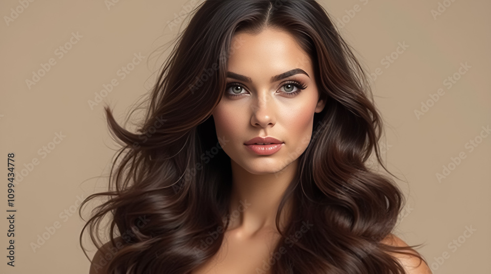 Fototapeta premium An elegant woman showcases her cascading dark brown hair with a confident expression, radiating grace and poise