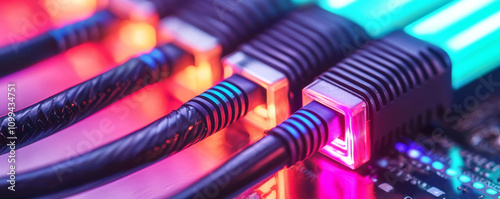 Close-up of colorful network cables connected to a circuit board, illuminated by vibrant LED lights, showcasing technology and data communication.