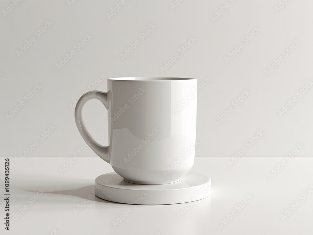 Obraz premium Simple ceramic cup with white coating and handle, displayed upright on plain background for product or branding design, suitable for mockup design