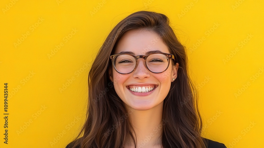 Obraz premium Young Brunette Woman with Glasses Smiling Against Yellow Background