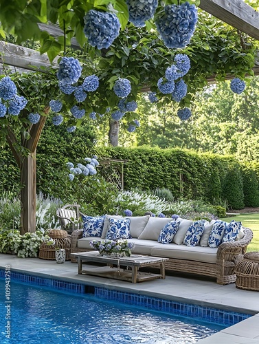 Luxurious Outdoor Patio with Pool, Wicker Furniture, and a Stunning Hydrangea Arbor.