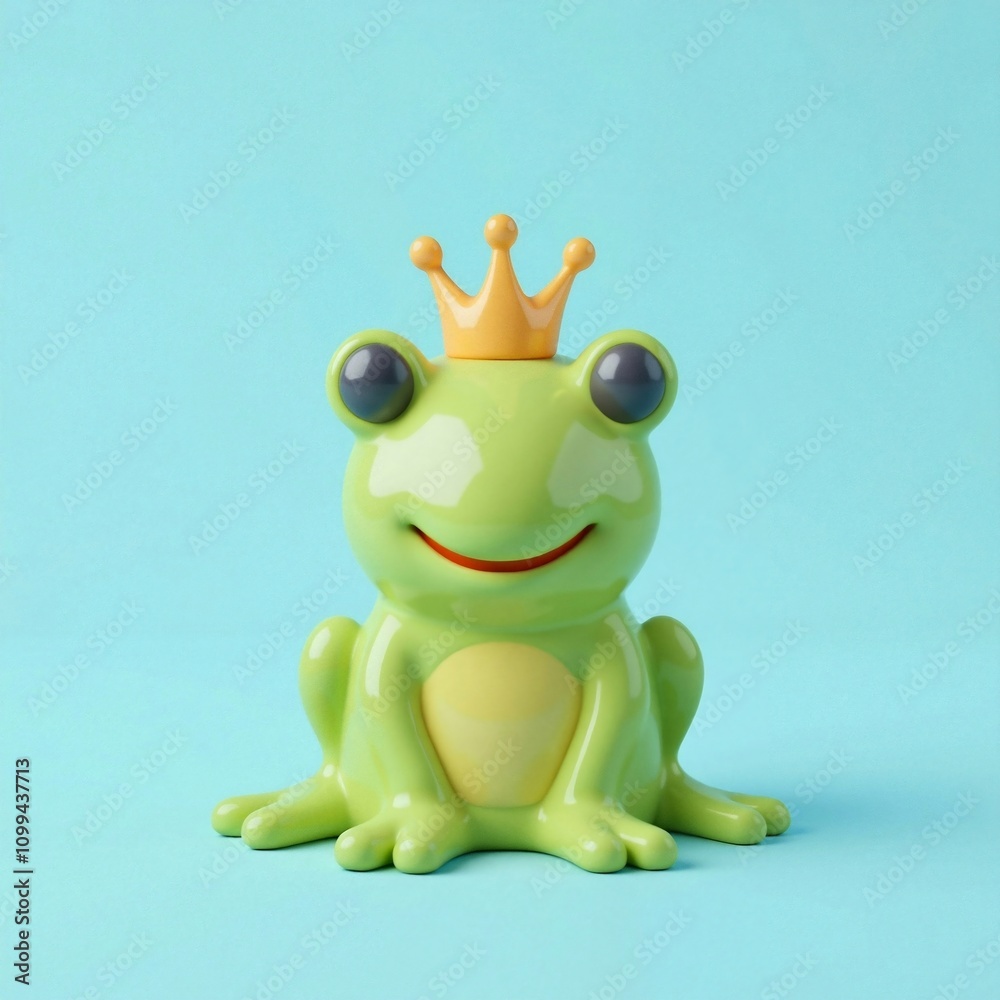 Fototapeta premium The image features a cartoonish frog with a glossy, smooth texture, sitting against a plain light blue background.