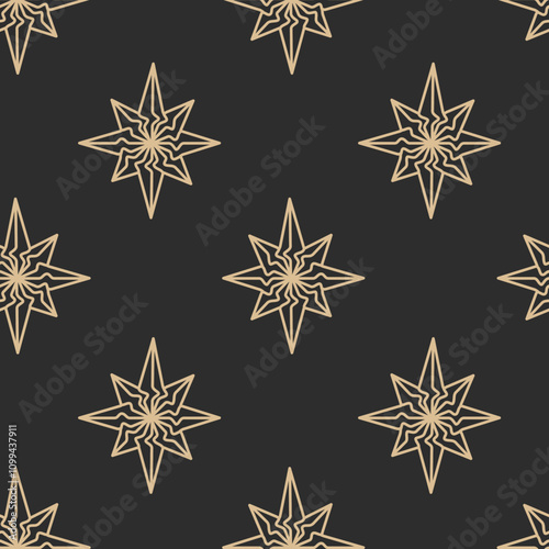 Golden Line Stars Seamless Pattern. Starry swirl Black background. Celestial Magical Occult Esoteric Sacred Spiritual Wallpaper. Repeat vector illustration
