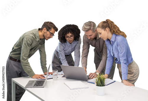 Startup business team on meeting working on laptops on a transparent background