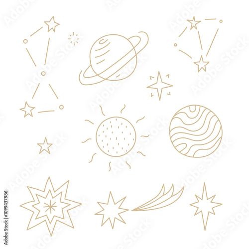 Stars and Planets Golden Line Set. Hand drawn celestial symbols collection with outline comet, constellation, sun, outer space decorative design elements