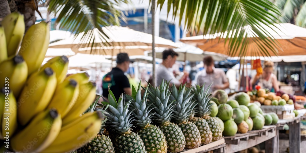 Obraz premium Vibrant image showcasing a variety of fresh tropical fruits - bananas, pineapples, and coconuts - displayed at an outdoor market stall with a shallow depth of field. 
