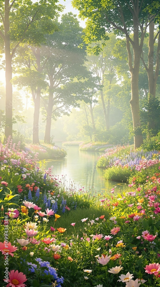 Fototapeta premium Riverbank foliage and flowers bloom in the seasonal renewal, forest growth, greenery, flower colors, forest vegetation