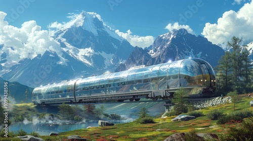 Futuristic high-speed train traversing a scenic mountain landscape.