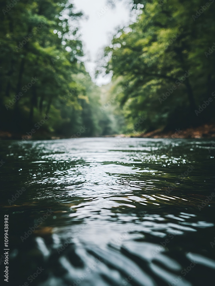 Fototapeta premium Serene Green Forest River Close-Up View of Tranquil Water Surface.