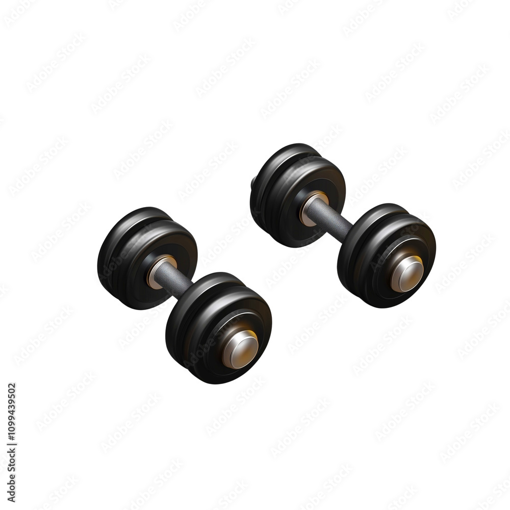 Pair of fitness dumbbells with a glossy black finish and metallic ends isolated on a transparent background. Pair of fitness dumbbells with a glossy black finish and metallic ends isolated on a transparent background.