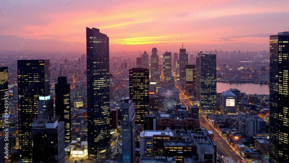 Obraz premium Generative AI, Modern Metropolis at Sunset with Reflective Skyscrapers