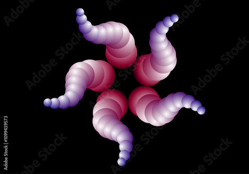 Fondo con 5 extremos esféricos y en espiral en morado y rosa sobre fondo negro. Composición abstracta de 5 elementos