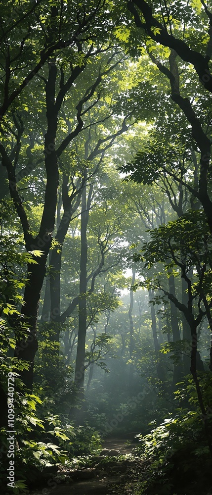 Fototapeta premium Dense forest canopy with sunlight filtering through, sunlight, shade, dappled light, foliage