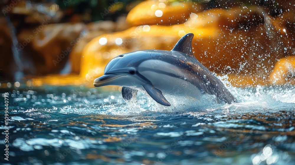 Fototapeta premium Dolphin Jumping Amidst Crashing Ocean Waves in Tropical Seascape