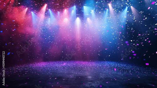 Neon spotlight stage background. Disco party projector light concert or show scene. Magic beam glow for nightclub or award winner with confetti glitter. Congratulation performance for celebrity
