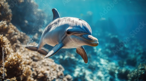 Captivating Dolphin Leaping Through Vibrant Underwater Coral Reef Scene