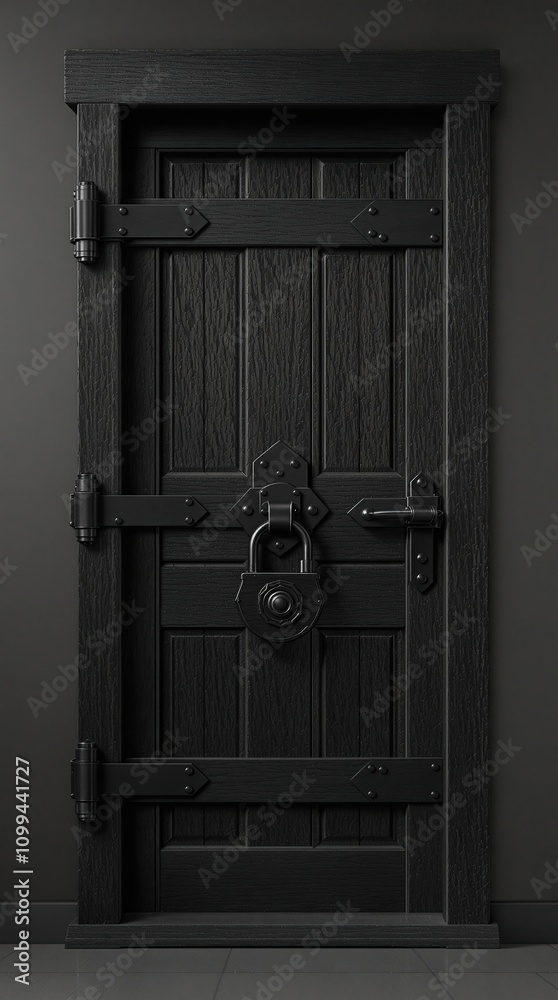 Dark wooden door with heavy iron hinges and old lock, wooden, antique ...