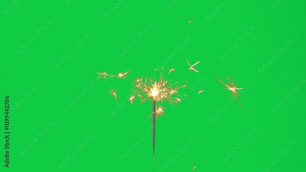 4K real sparkler. burning sparkler isolated on chroma key green screen background for overlay motion graphic, frame rate 60P