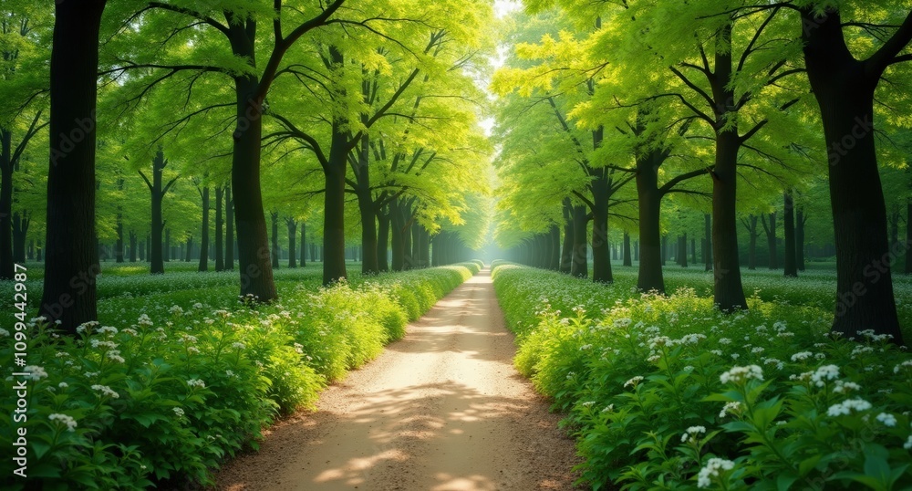 Fototapeta premium One green sand trail surrounded by spring trees, viewed from above close-up, ultra-realistic.