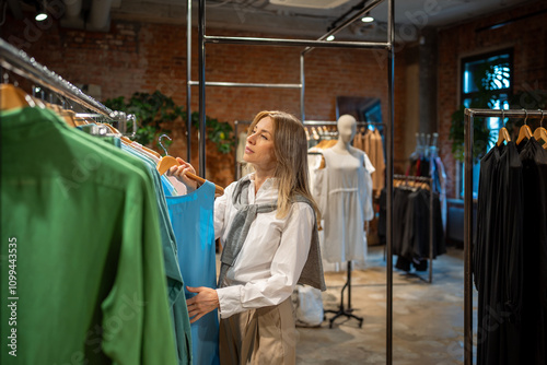 Wallpaper Mural Interested woman buyer carefully examines clothing for new season, picking blouses in shop. Pleased middle aged female customer attentive looking outfit before purchase, make choice standing in store. Torontodigital.ca