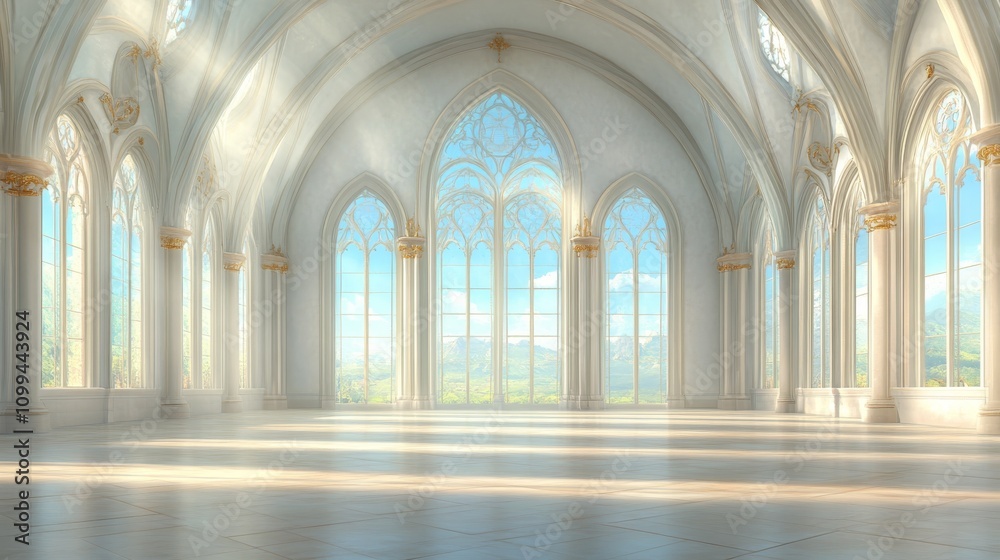 Obraz premium Digital illustration of a bright church interior showcasing tall windows and elegant architectural details during daylight